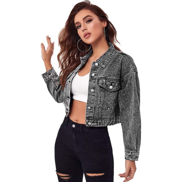 Cali Chic Women's Denim Jacket Celebrity Snow Washed Black Drop Shoulder Crop - Picture 3 of 9